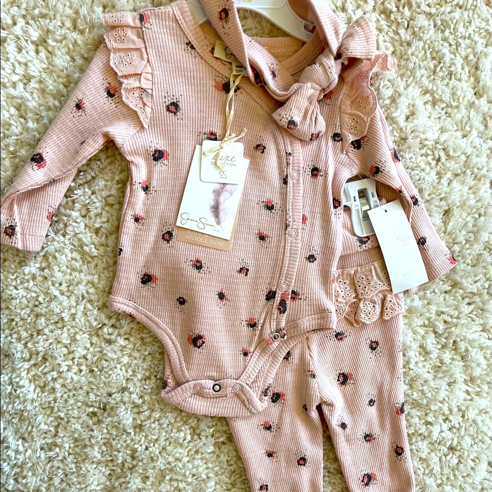 Pink floral set with headband, footies